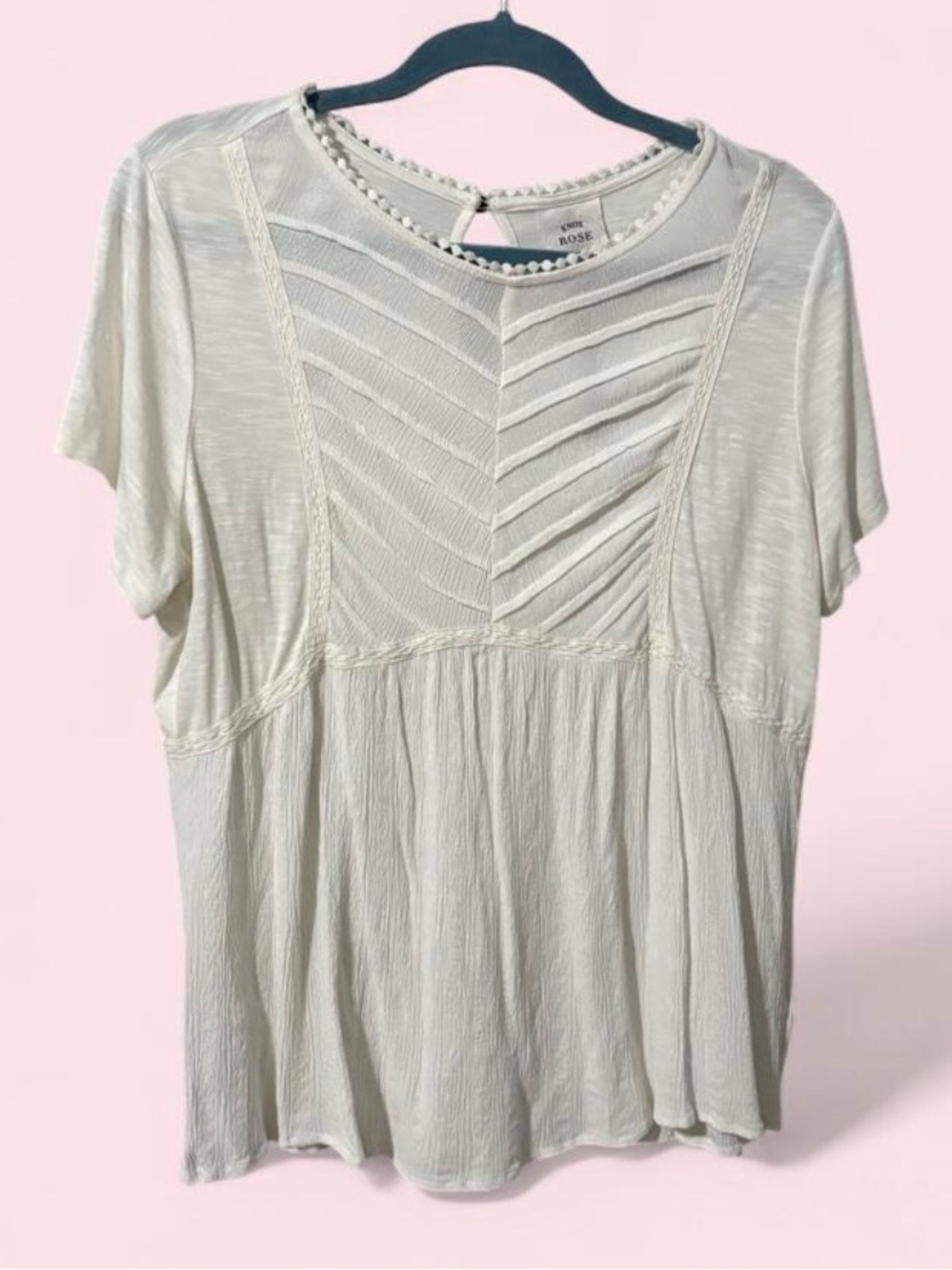 Knox Rose Ivory Boho Peplum Top L Textured Pintuck Blouse NWT short sleeve rayon
